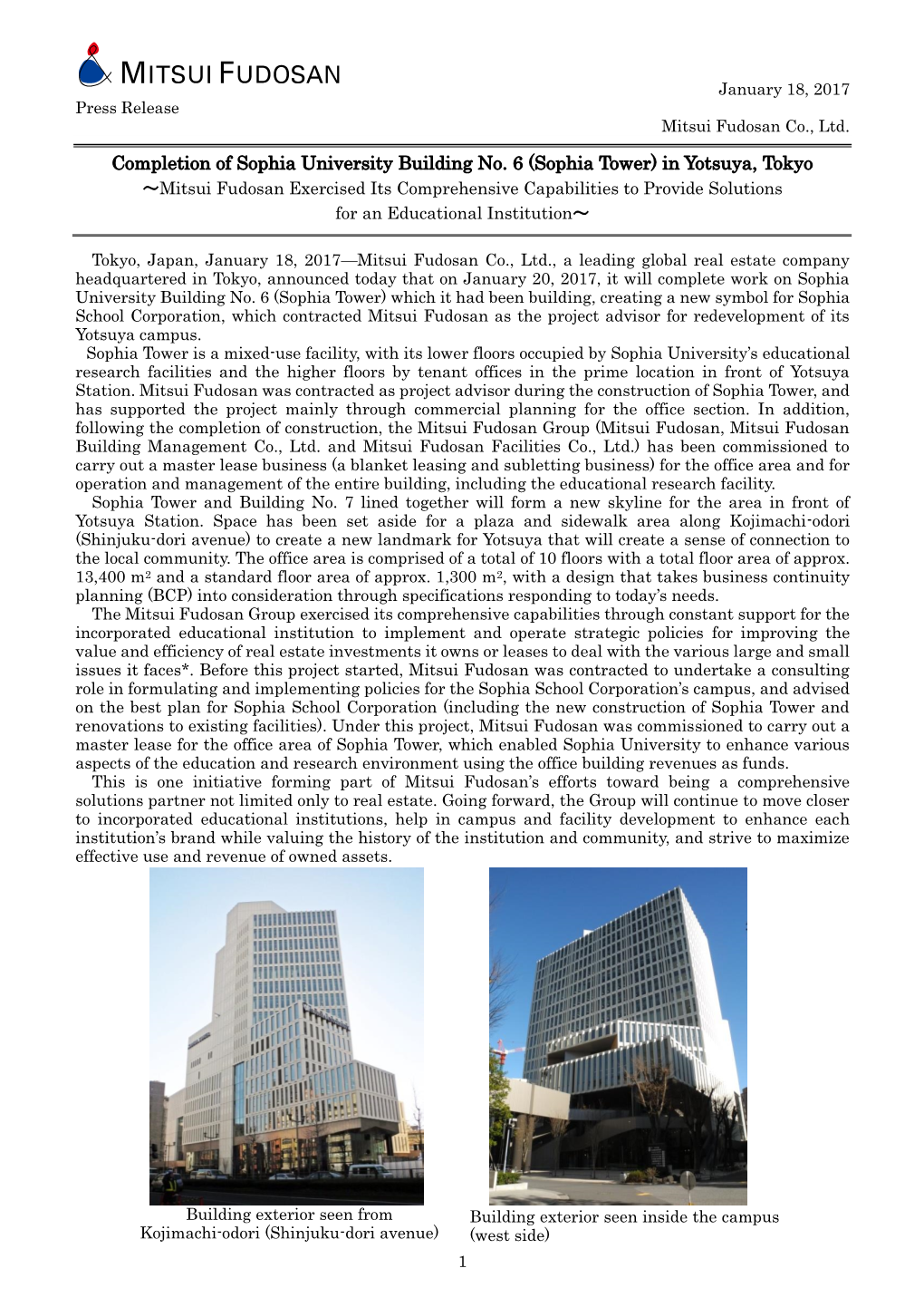 (Sophia Tower) in Yotsuya, Tokyo ～Mitsui Fudosan Exercised Its Comprehensive Capabilities to Provide Solutions for an Educational Institution～