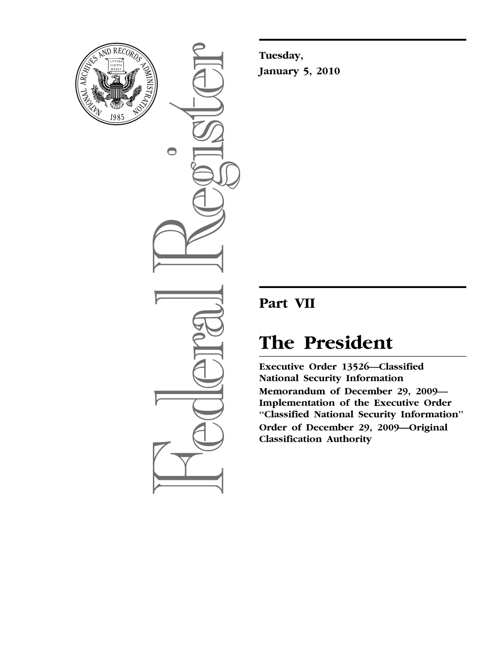 Executive Order the President Signed on December 29, 2009