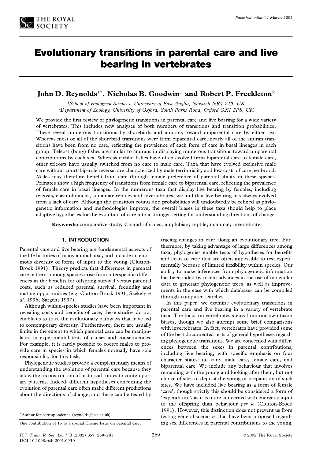 Evolutionary Transitions in Parental Care and Live Bearing in Vertebrates