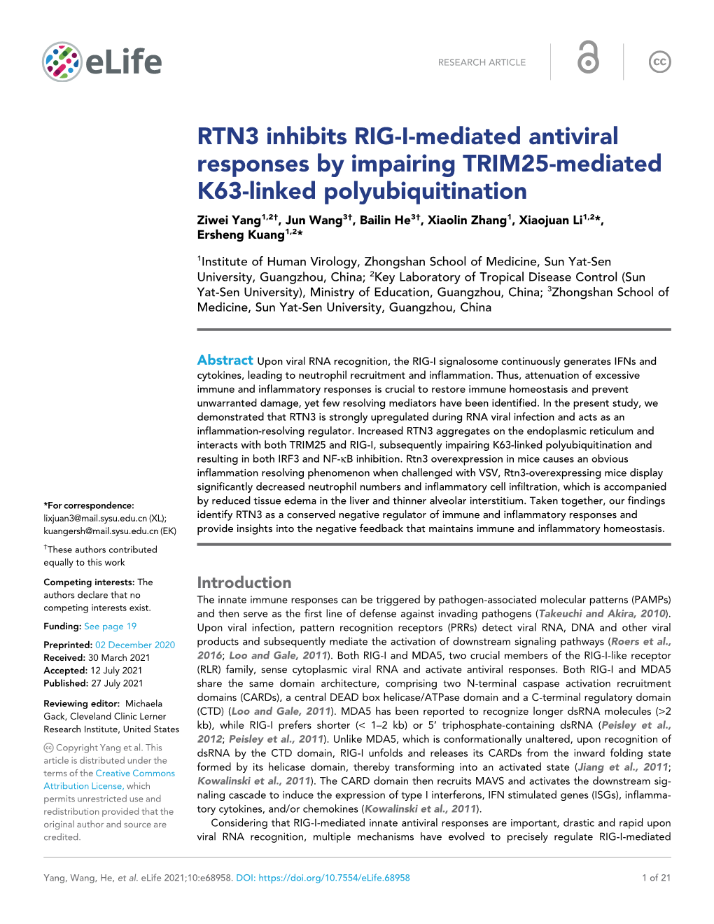 RTN3 Inhibits RIG-I-Mediated Antiviral Responses by Impairing TRIM25