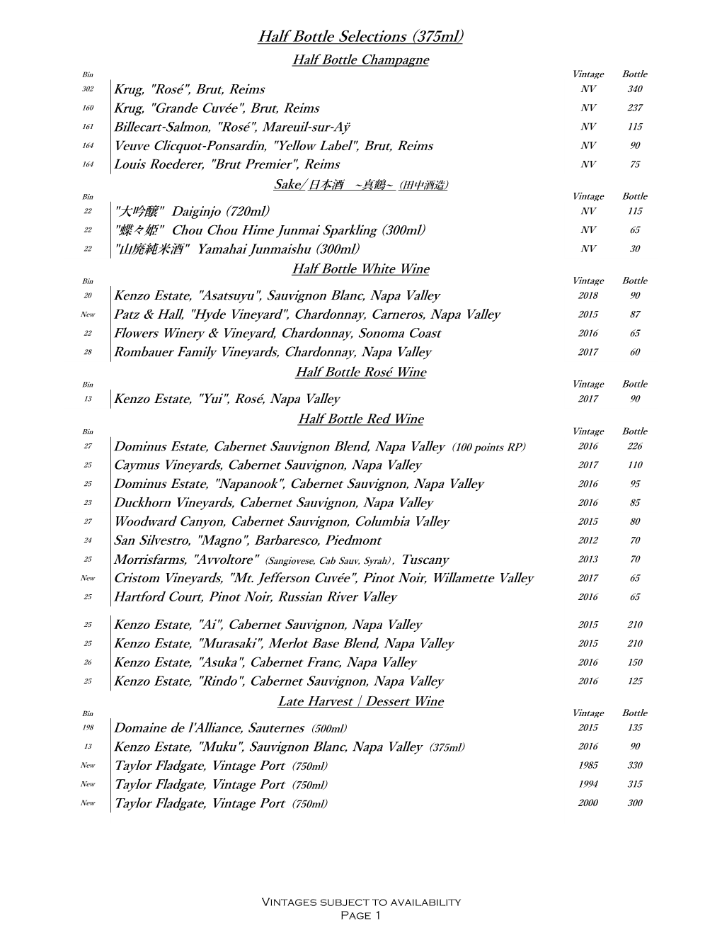 Half Bottle Selections (375Ml)