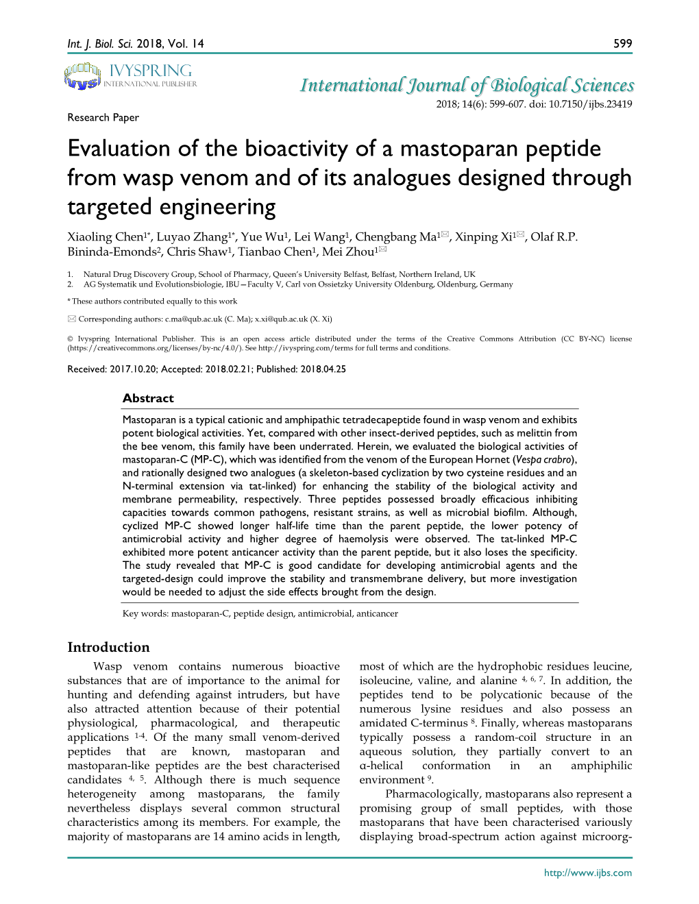 Evaluation of the Bioactivity of a Mastoparan Peptide from Wasp Venom and of Its Analogues Designed Through Targeted Engineering