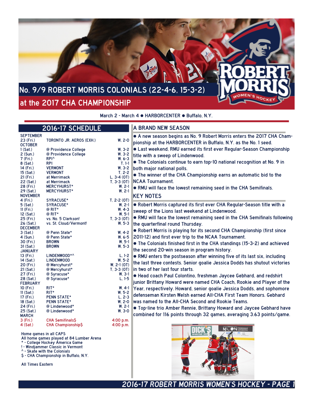 No. 9/9 ROBERT MORRIS COLONIALS (22-4-6, 15-3-2) at the 2017 CHA CHAMPIONSHIP