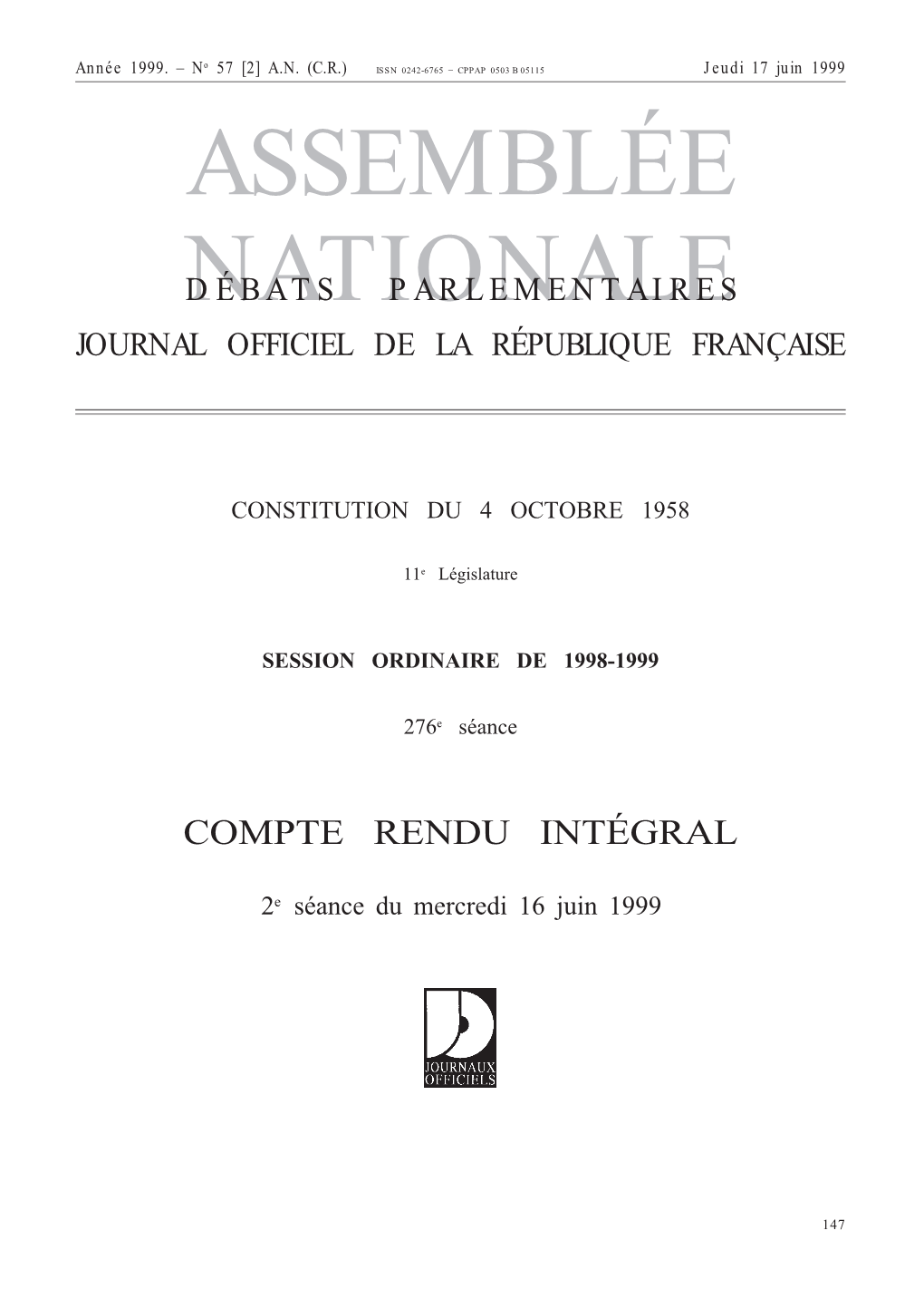 Assemblée Nationale Débats Parlementaires Journal Officiel De La