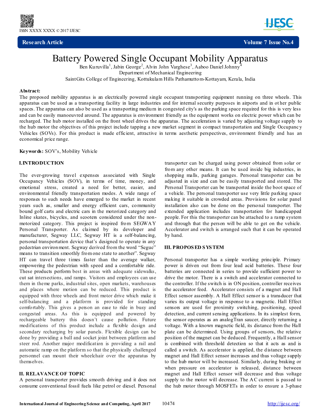 Battery Powered Single Occupant Mobility Apparatus