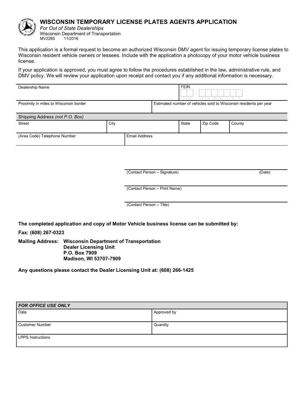 MV2285 Temporary License Plates Agents Application