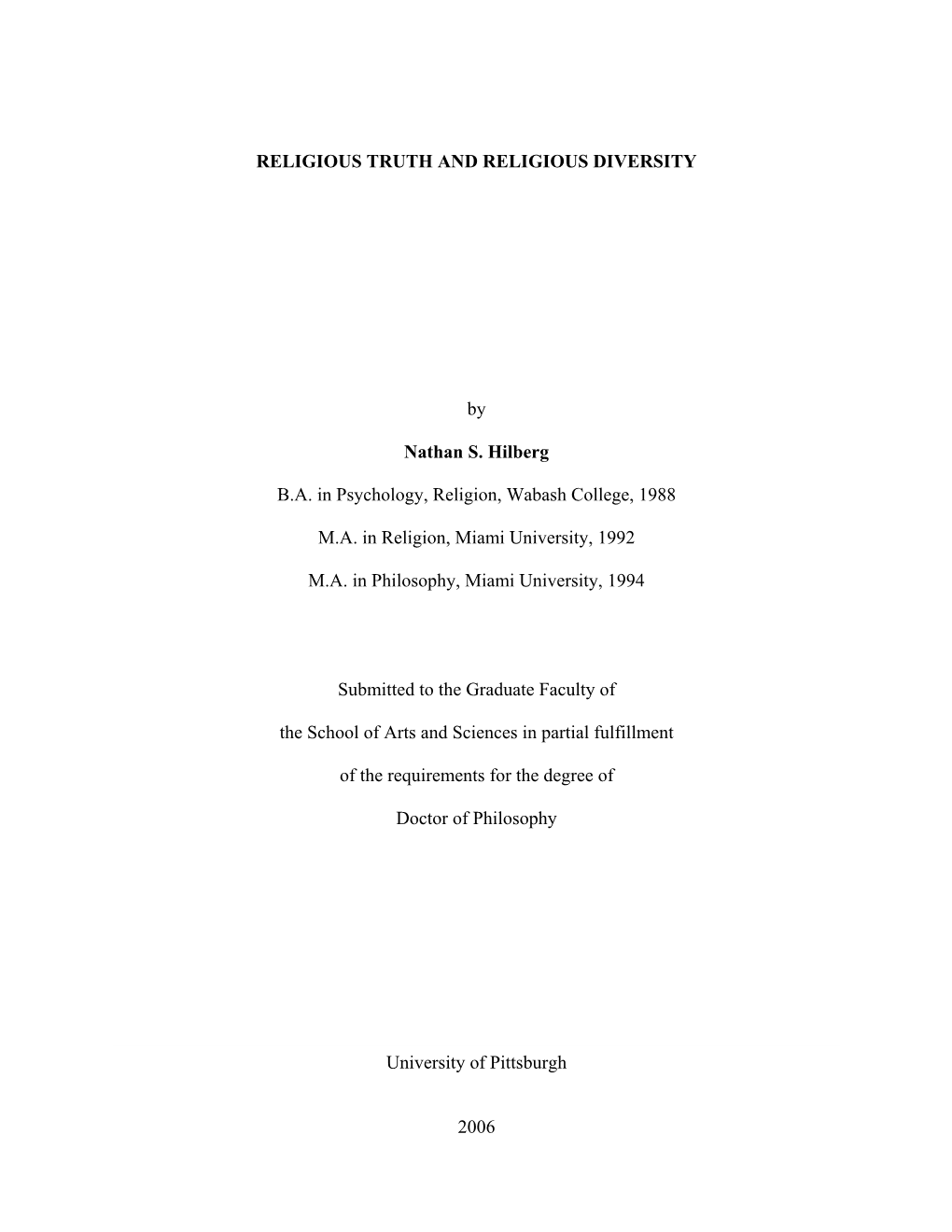 RELIGIOUS TRUTH and RELIGIOUS DIVERSITY by Nathan S. Hilberg