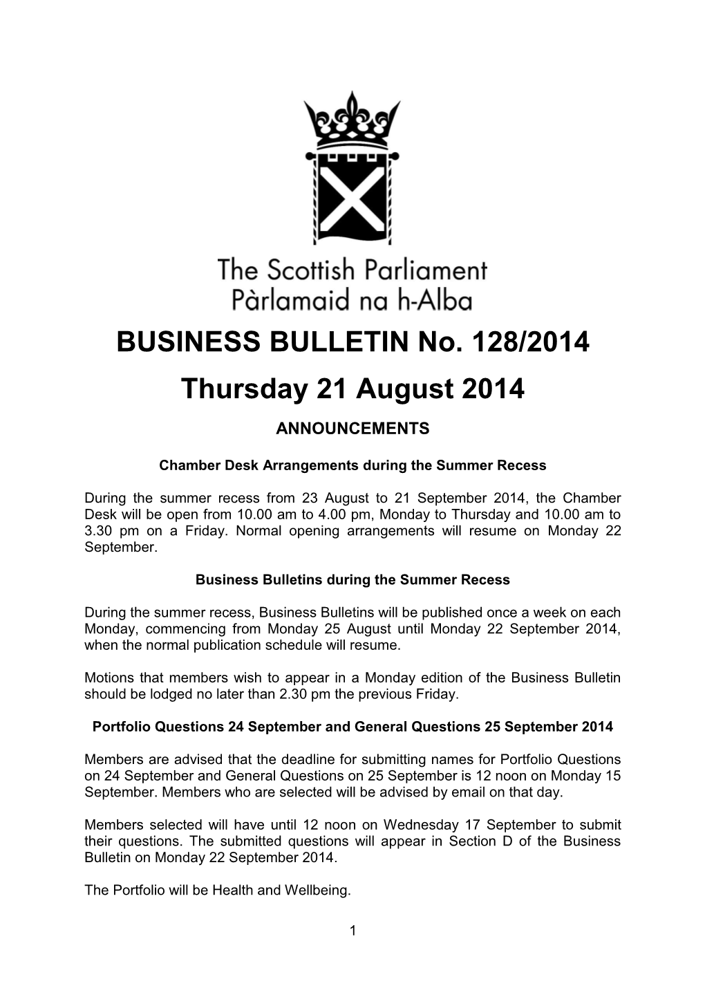 BUSINESS BULLETIN No. 128/2014 Thursday 21 August 2014