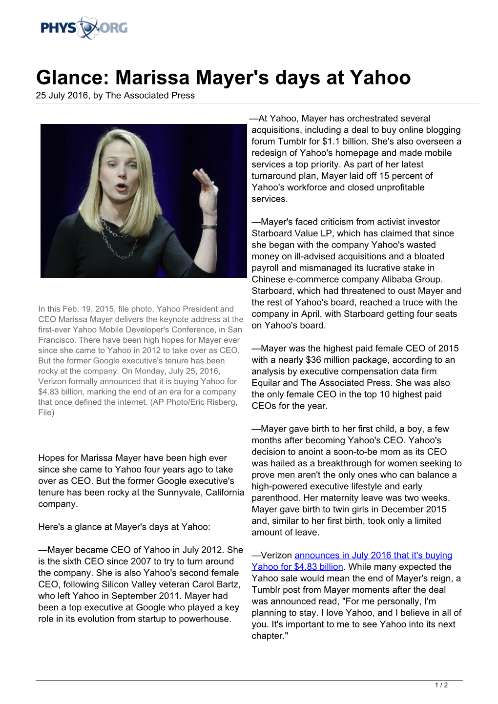 Glance: Marissa Mayer's Days at Yahoo 25 July 2016, by the Associated Press