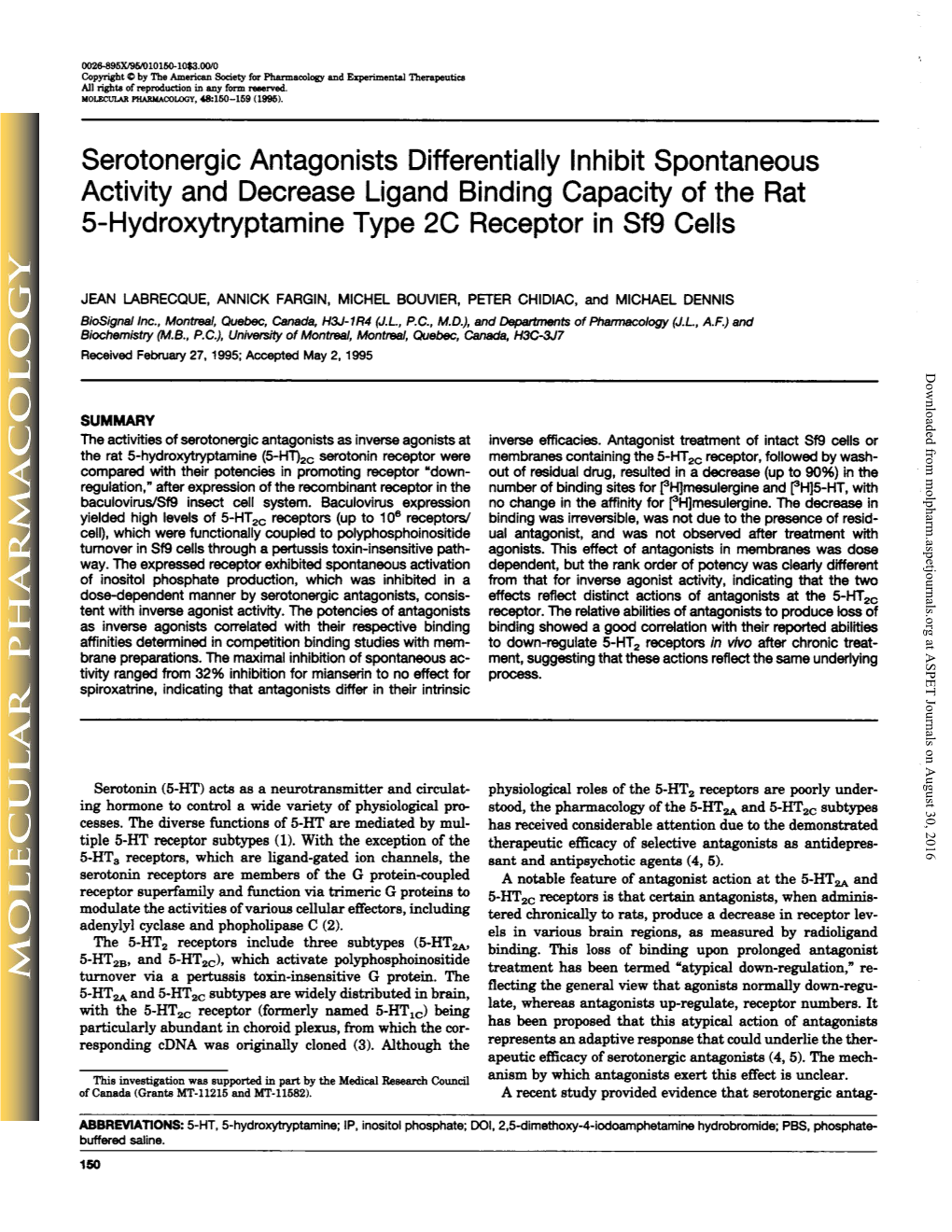 Serotonergic Antagonists Differentially Inhibit Spontaneous Activity and Decrease Ligand Binding Capacity of the Rat 5-Hydroxytryptamine Type 2C Receptor in Sf9 Cells