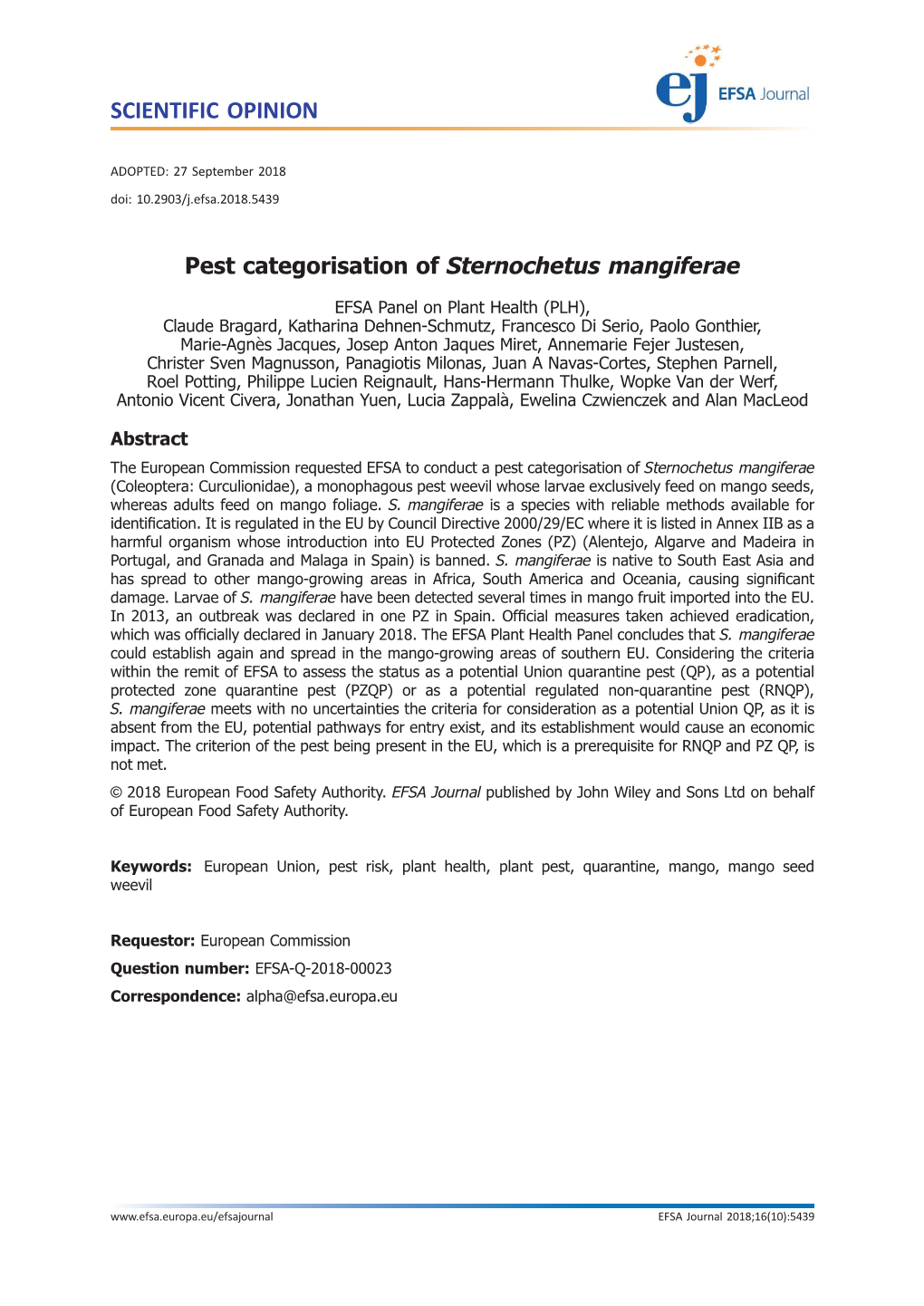 Pest Categorisation of Sternochetus&#X00a0;Mangiferae