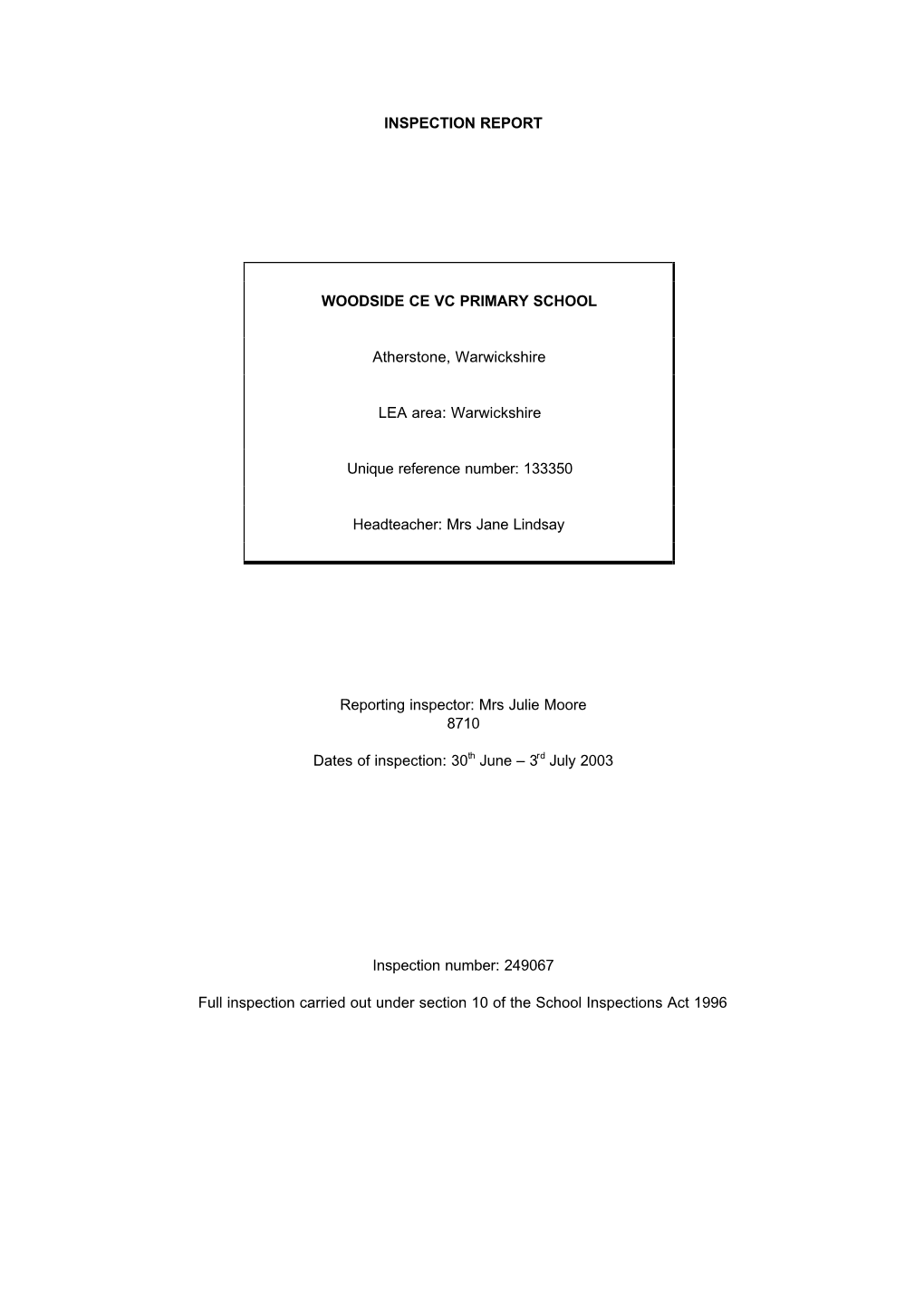 Inspection Report Woodside Ce Vc Primary School