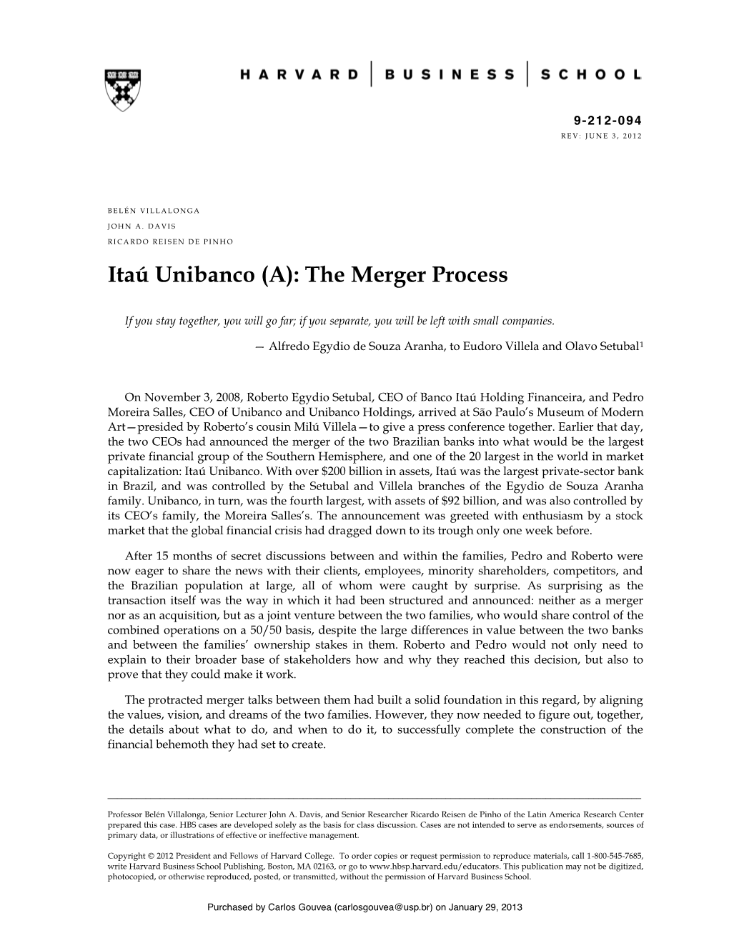Itaú Unibanco (A): the Merger Process