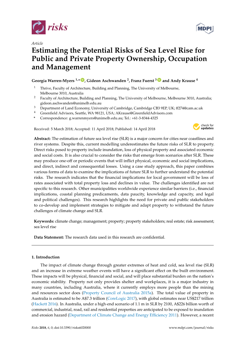 Estimating the Potential Risks of Sea Level Rise for Public and Private Property Ownership, Occupation and Management