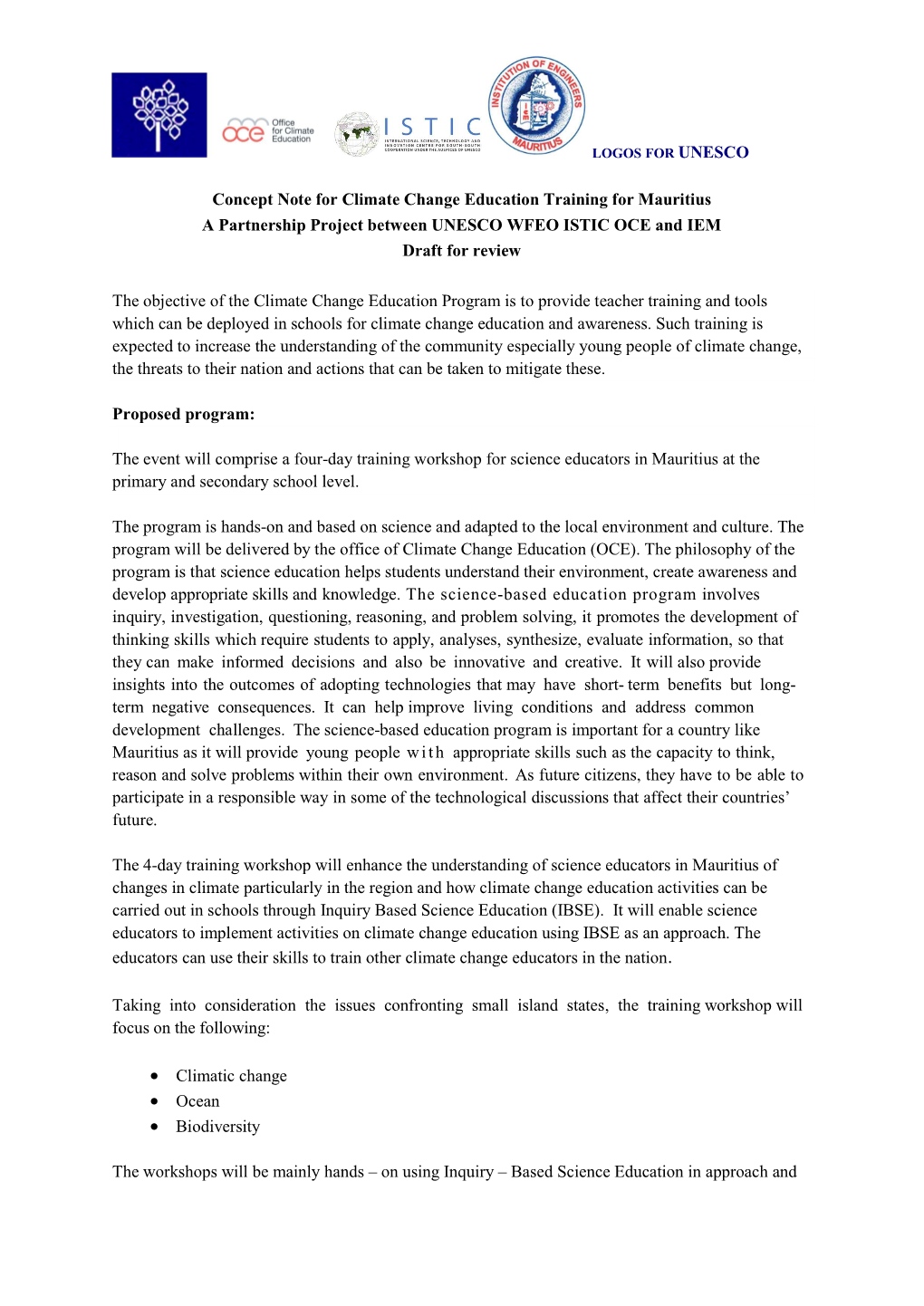 Concept Note for Climate Change Education Training for Mauritius a Partnership Project Between UNESCO WFEO ISTIC OCE and IEM Draft for Review