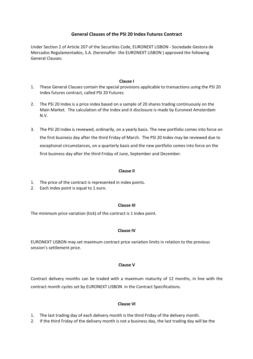 PSI 20 Index Futures Contract