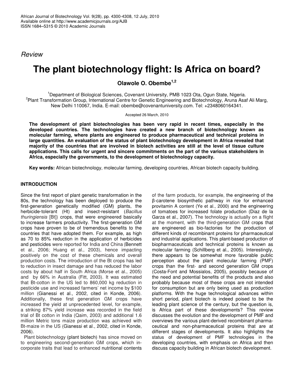 The Plant Biotechnology Flight: Is Africa on Board?