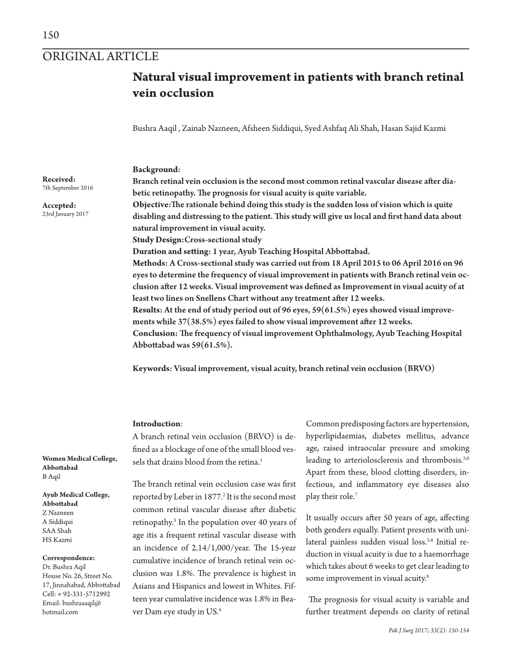 Natural Visual Improvement in Patients with Branch Retinal Vein Occlusion