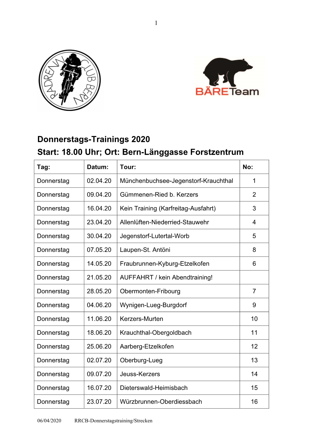 Donnerstags-Trainings 2020 Start: 18.00 Uhr; Ort: Bern-Länggasse Forstzentrum