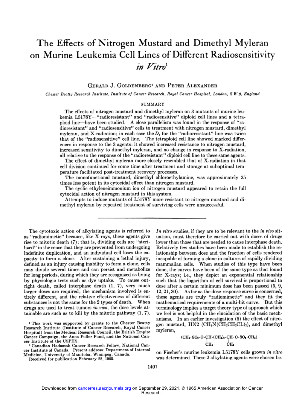 The Effects of Nitrogen Mustard and Dimethyl Myleran on Murine Leukemia Cell Lines Ofdifferent Radiosensitivity in Vitro1