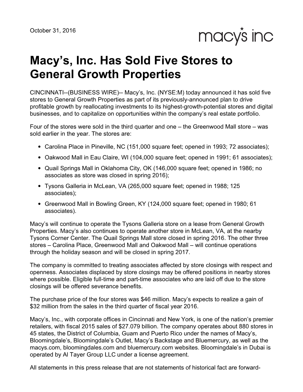 Macy's, Inc. Has Sold Five Stores to General Growth Properties