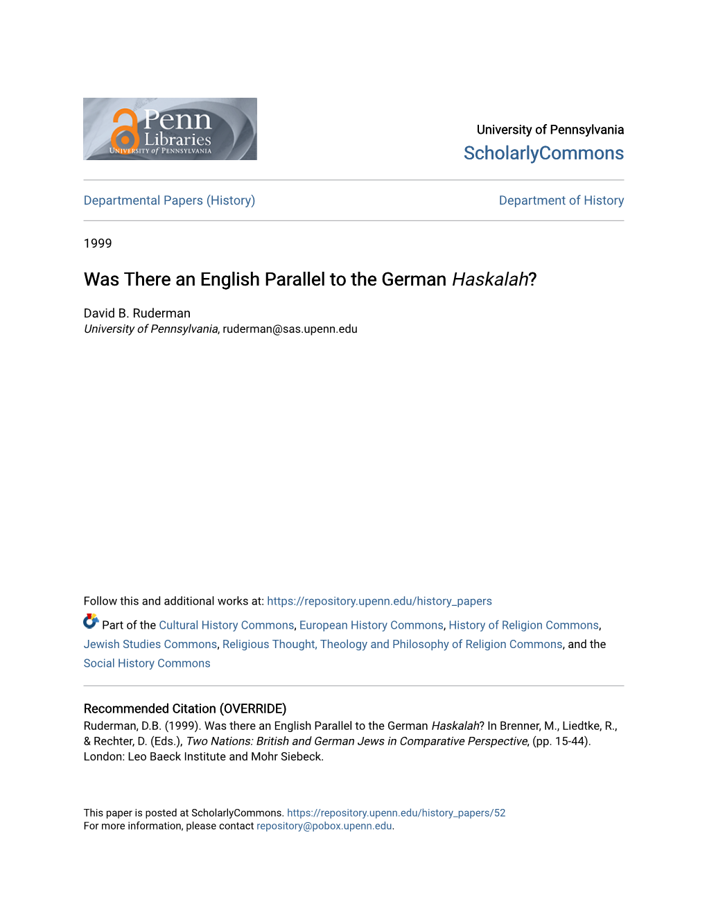 Was There an English Parallel to the German Haskalah?