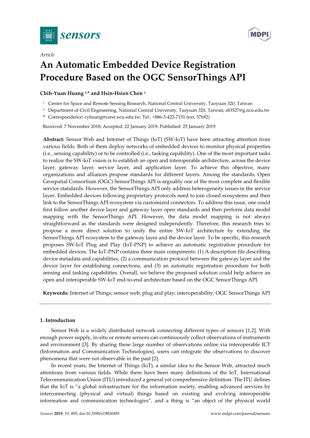 An Automatic Embedded Device Registration Procedure Based on the OGC Sensorthings API