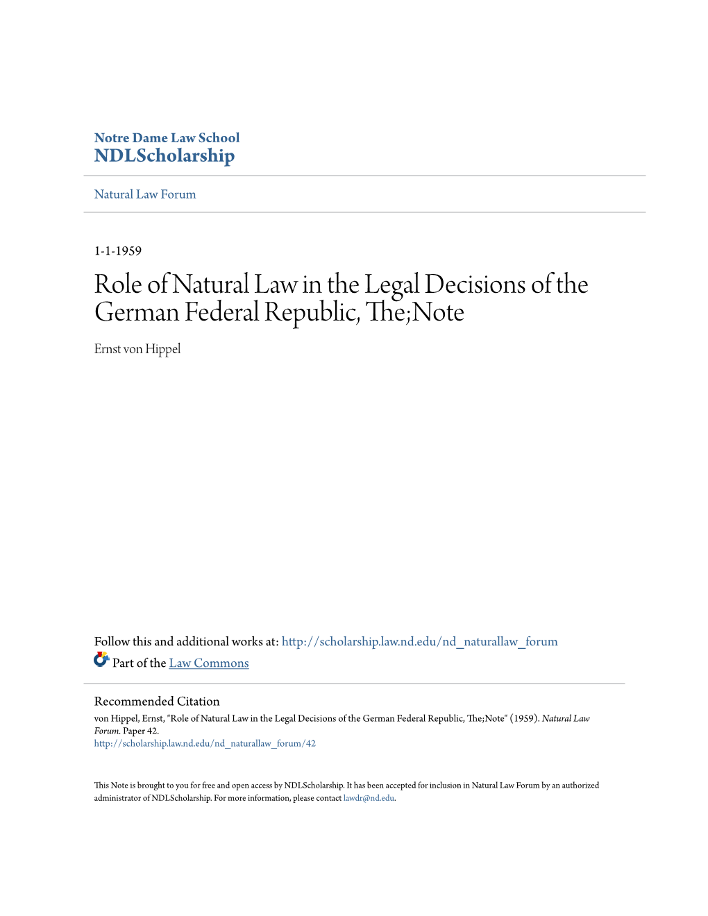 Role of Natural Law in the Legal Decisions of the German Federal Republic, The;Note Ernst Von Hippel