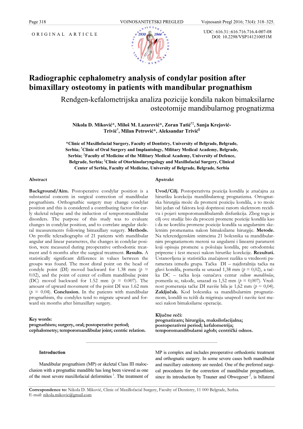 Radiographic Cephalometry Analysis of Condylar Position After Bimaxillary