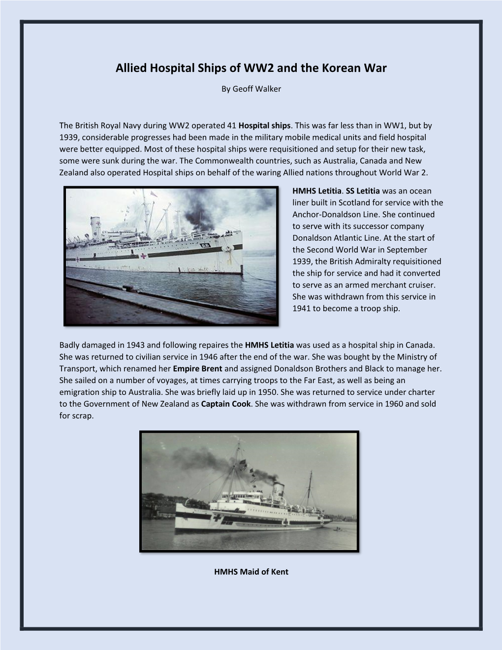 Allied Hospital Ships of WW2 and the Korean War