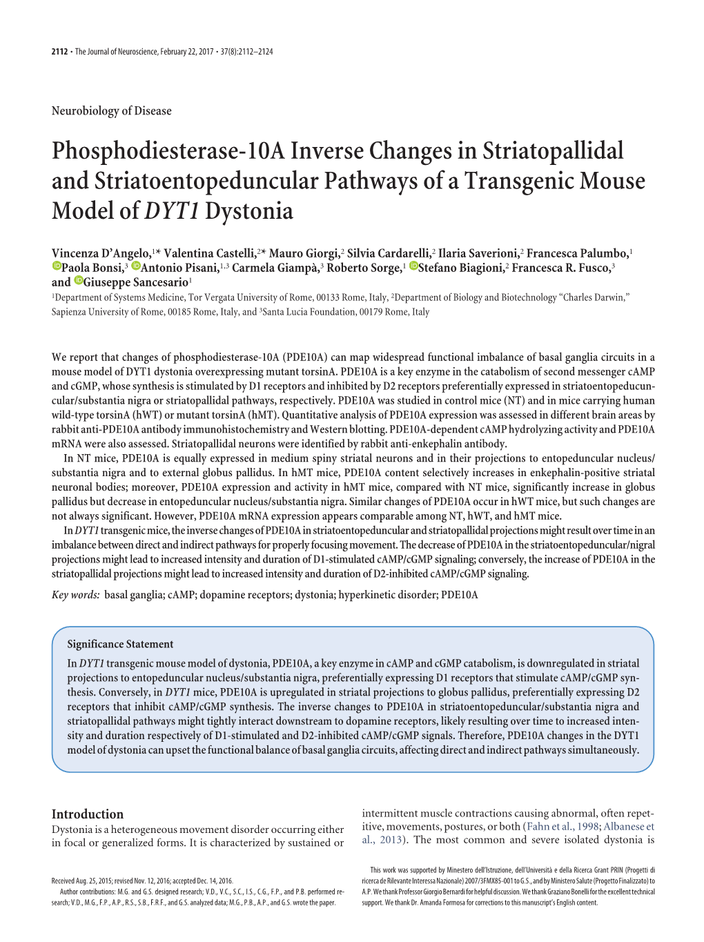Phosphodiesterase-10A Inverse Changes in Striatopallidal and Striatoentopeduncular Pathways of a Transgenic Mouse Model of DYT1 Dystonia