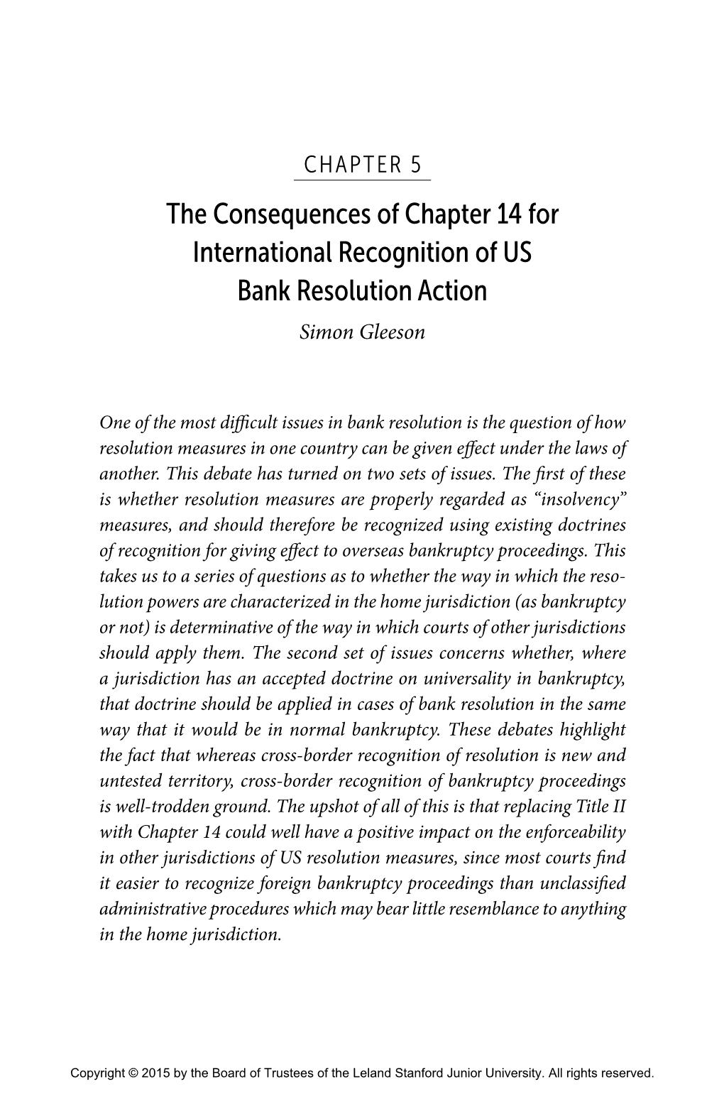 The Consequences of Chapter 14 for International Recognition of US Bank Resolution Action Simon Gleeson