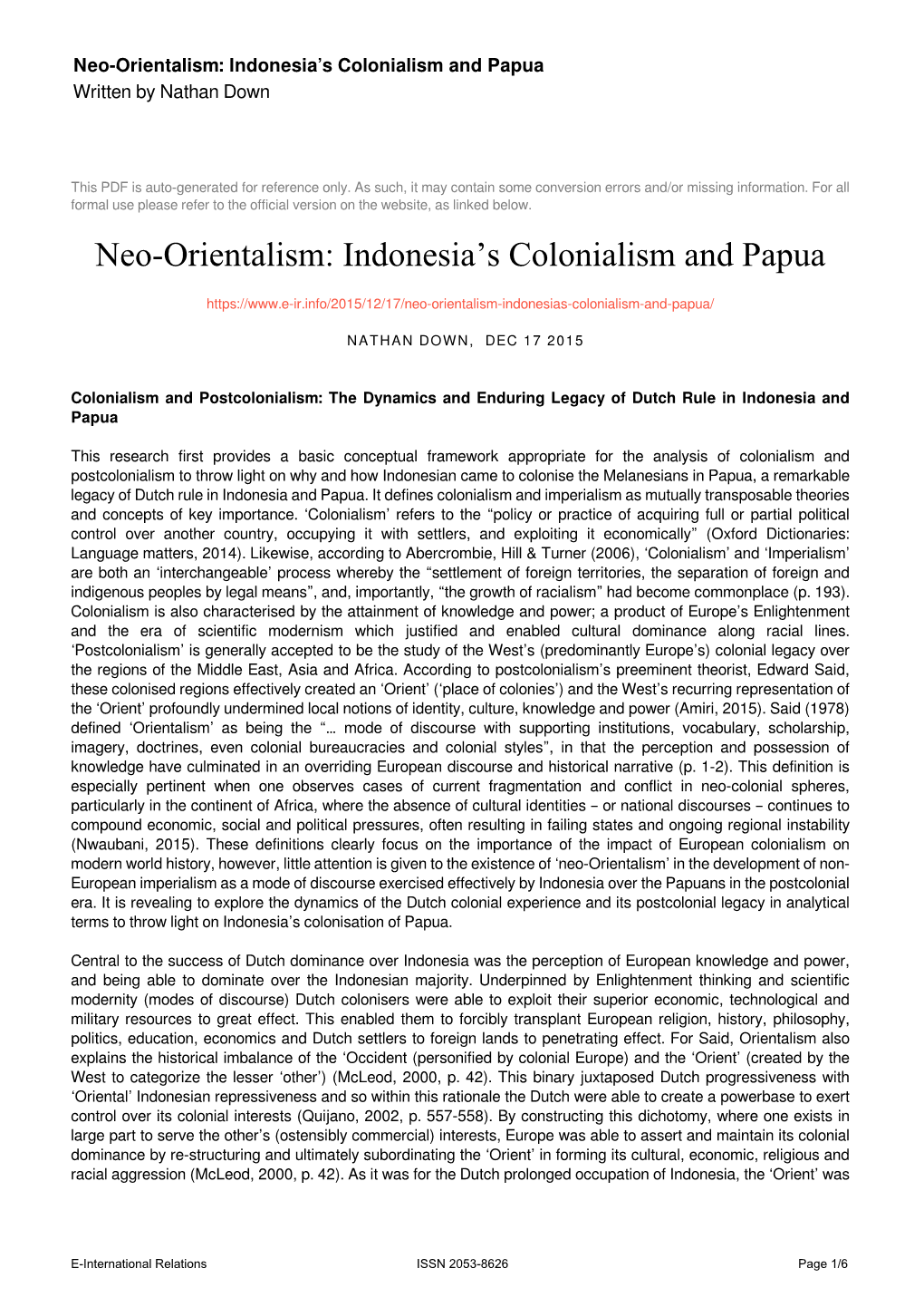 Neo-Orientalism: Indonesia's Colonialism and Papua