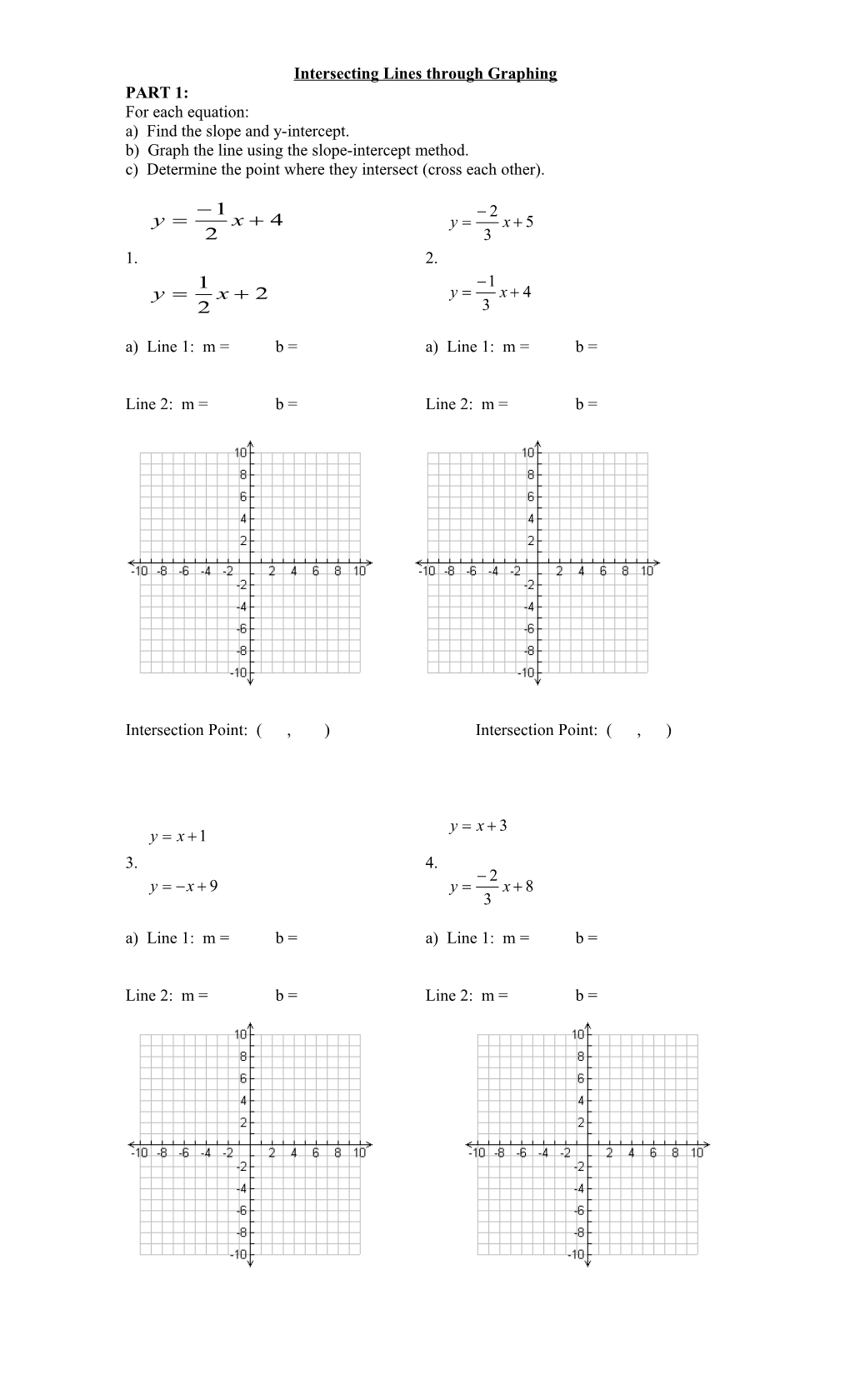 For Each Equation, Find the Slope and Y-Intercept