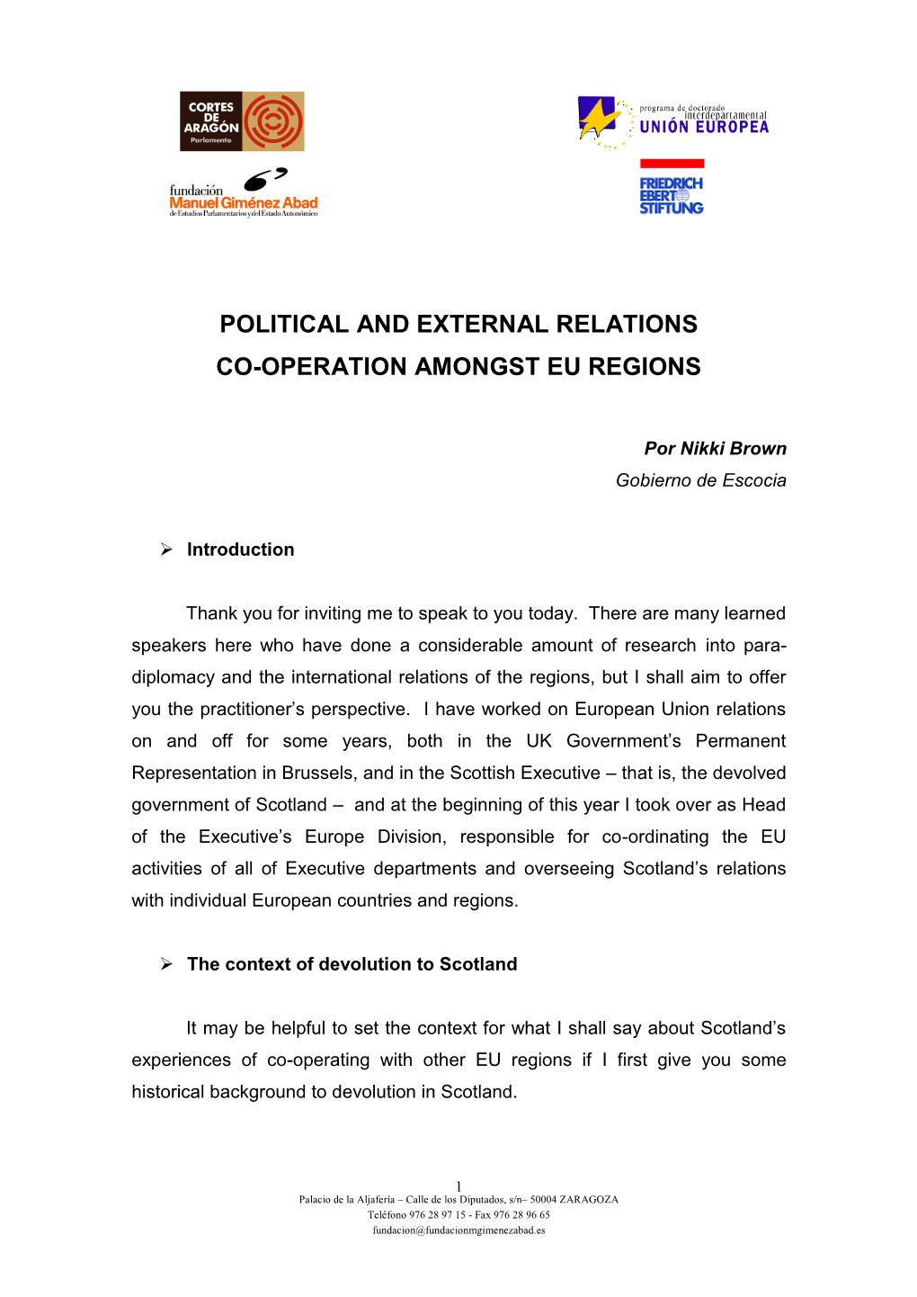 Political and External Relations Co-Operation Amongst Eu Regions