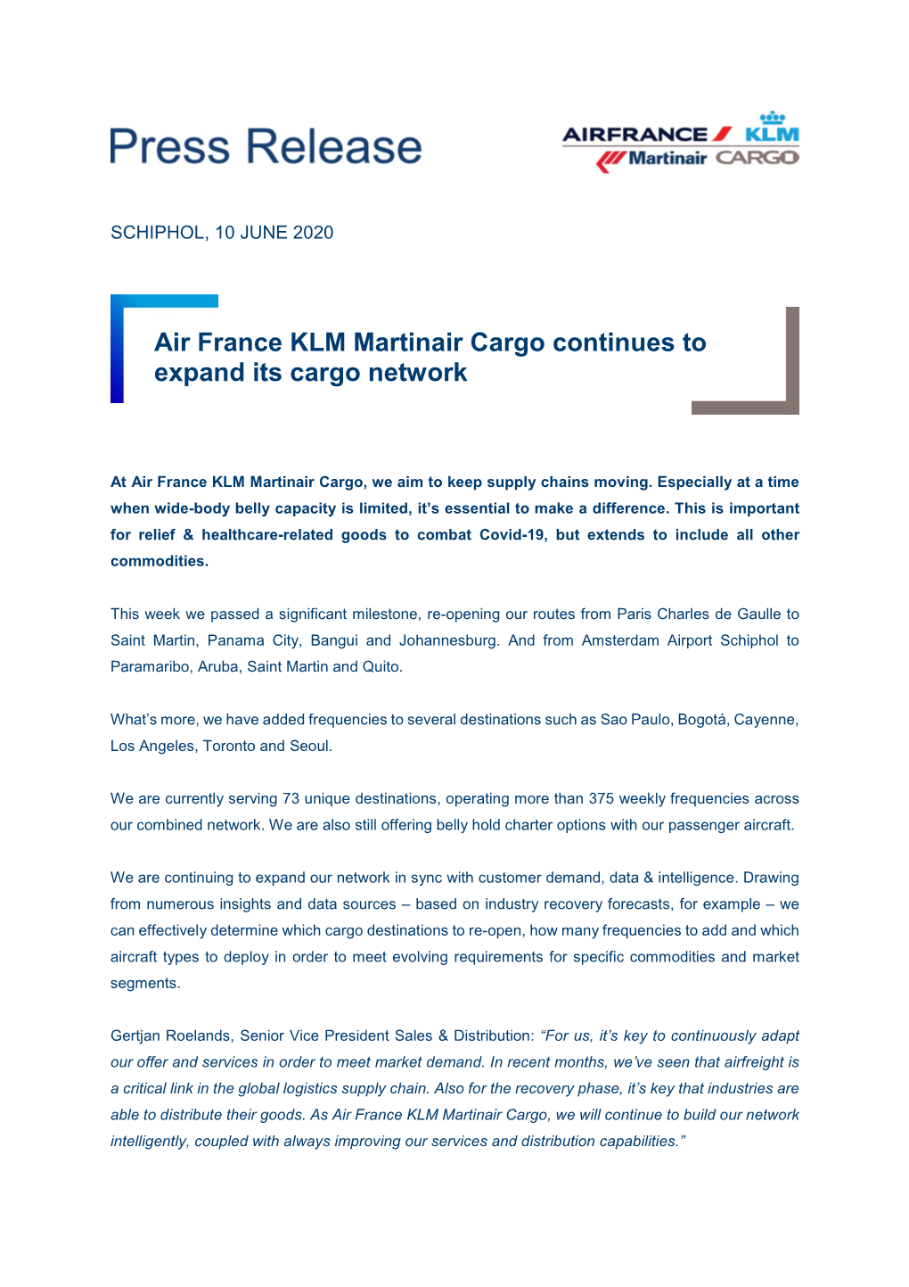 Air France KLM Martinair Cargo Continues to Expand Its Cargo Network