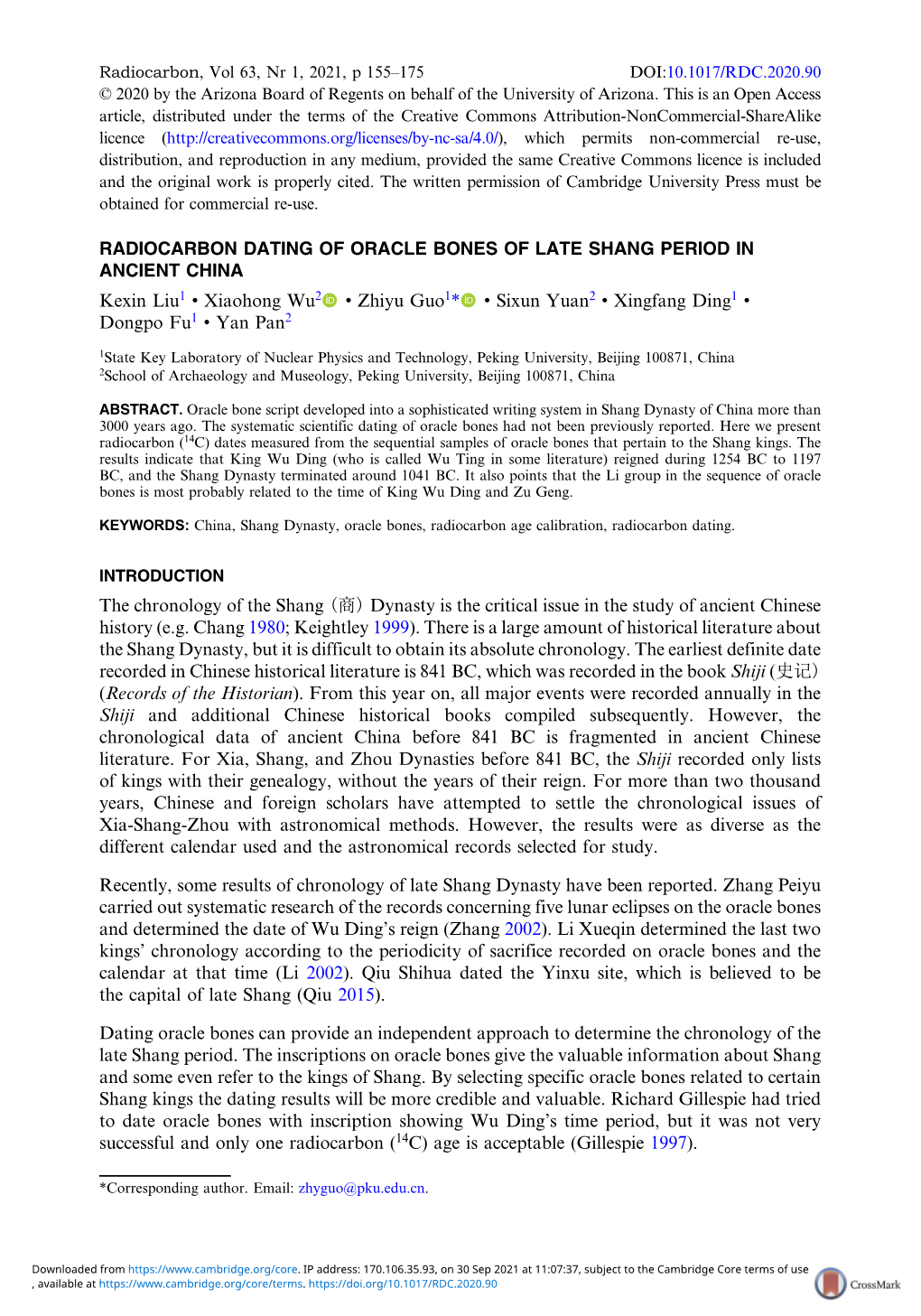 Radiocarbon Dating of Oracle Bones of Late Shang Period in Ancient China