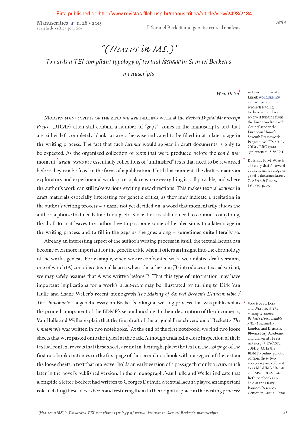 “(Hiatus in Ms.)” Towards a TEI Compliant Typology of Textual Lacunae in Samuel Beckett’S Manuscripts