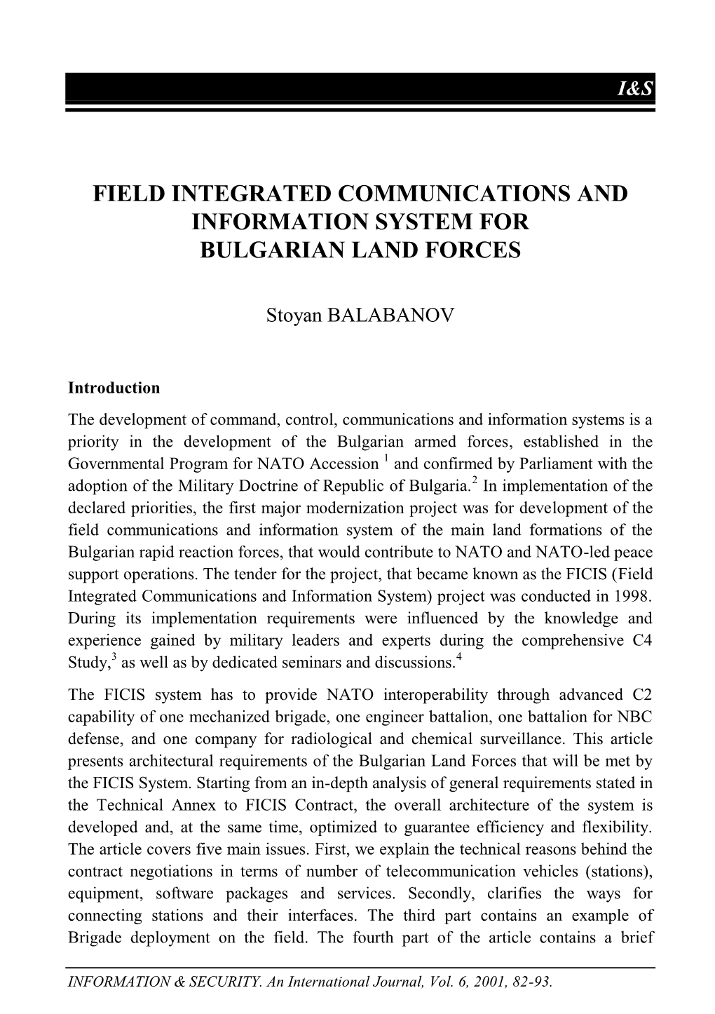 Field Integrated Communications and Information System for Bulgarian Land Forces