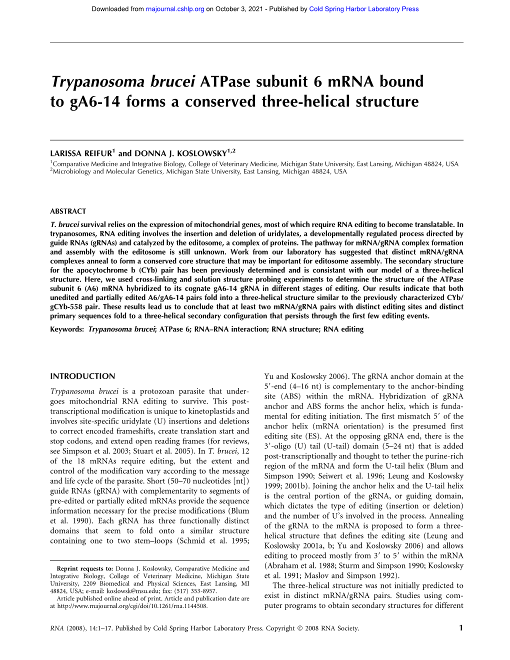 Trypanosoma Brucei Atpase Subunit 6 Mrna Bound to Ga6-14 Forms a Conserved Three-Helical Structure