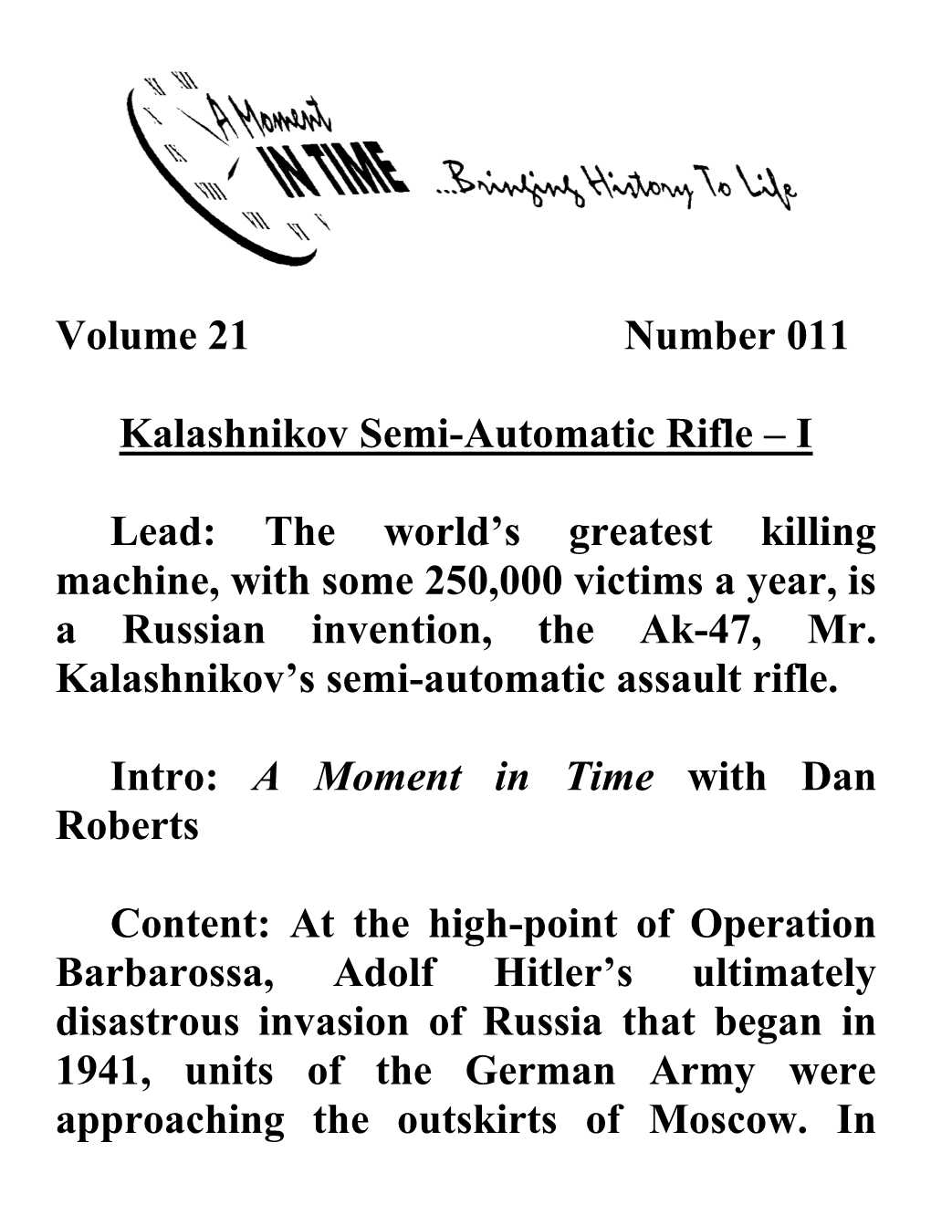 Volume 21 Number 011 Kalashnikov Semi-Automatic Rifle – I Lead