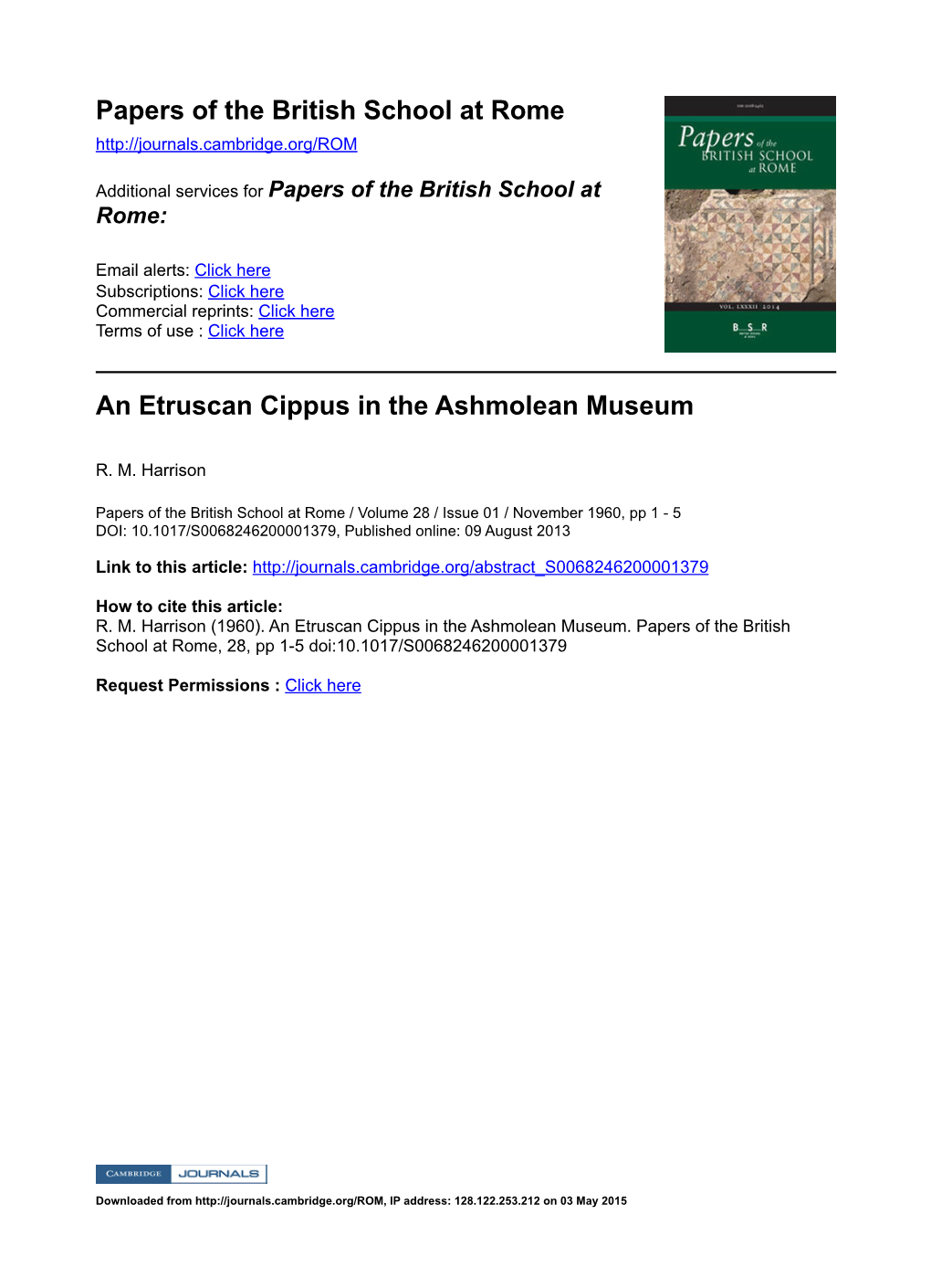Papers of the British School at Rome an Etruscan Cippus in The