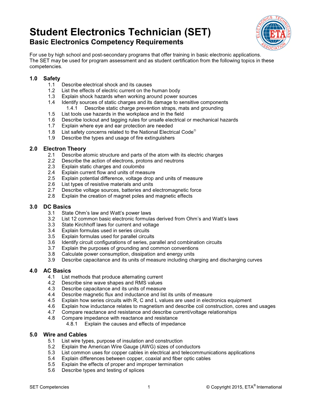 Student Electronics Technician (SET) Basic Electronics Competency Requirements