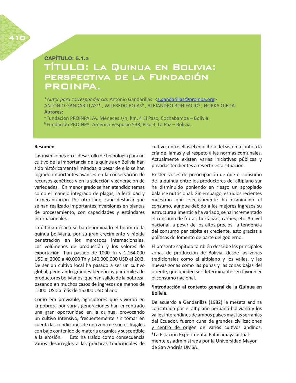 La Quinua En Bolivia: Perspectiva De La Fundación PROINPA