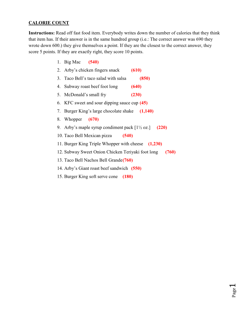 Page CALORIE COUNT Instructions