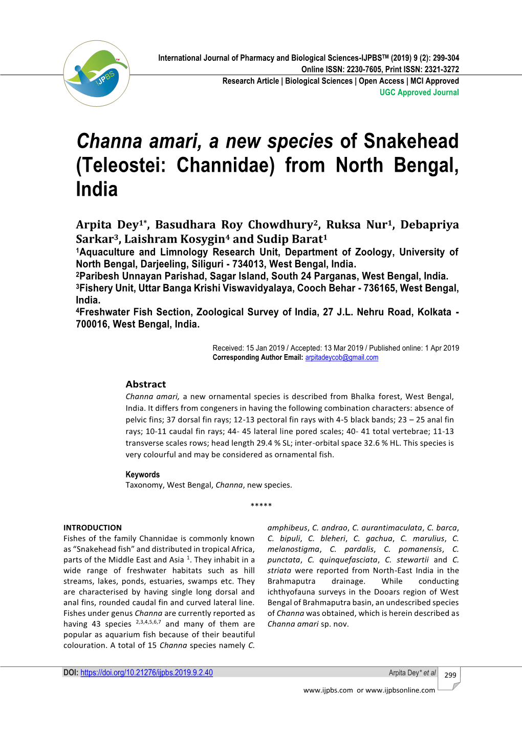 Channa Amari, a New Species of Snakehead (Teleostei: Channidae) from North Bengal, India