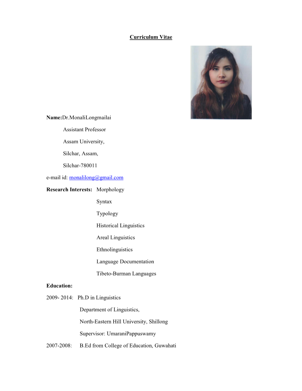 Curriculum Vitae Name:Dr.Monalilongmailai