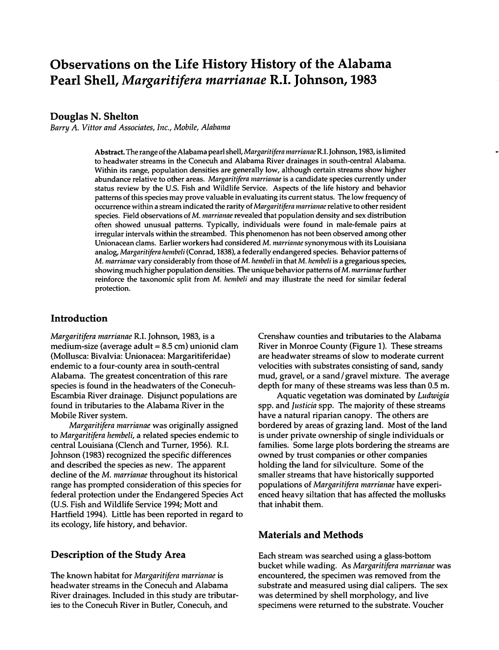 Observations on the Life History History of the Alabama Pearl Shell, Margaritifera Marrianae R.I. Johnson, 1983