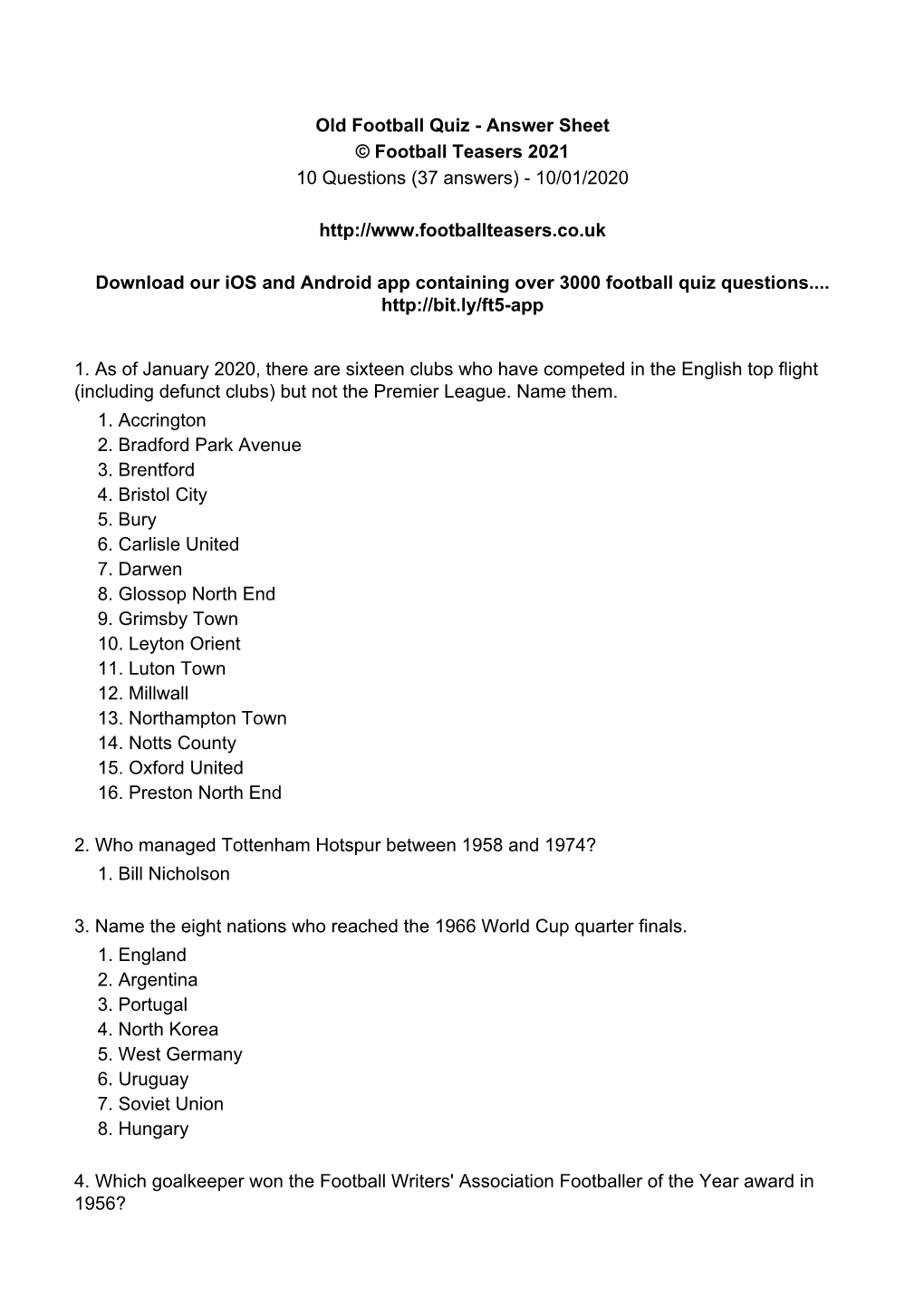 Old Football Quiz - Answer Sheet © Football Teasers 2021 10 Questions (37 Answers) - 10/01/2020