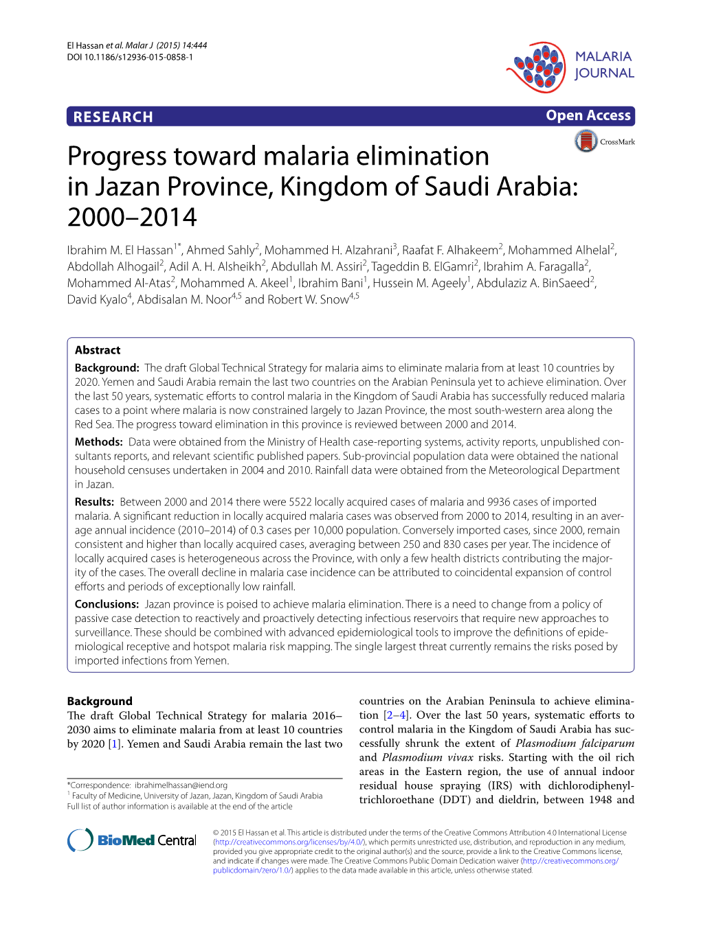 Progress Toward Malaria Elimination in Jazan Province, Kingdom of Saudi Arabia: 2000–2014 Ibrahim M